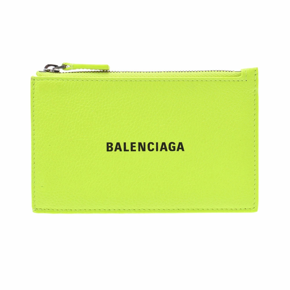 BALENCIAGA Zip Card Holder Fluorescent Yellow Green Calfskin